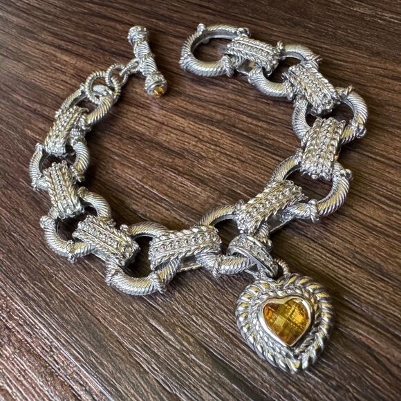 JUDITH RIPKA STERLING SILVER BRACELET w CITRINE HEART ENHANCER CHARM 7.5" Estate - Picture 1 of 16